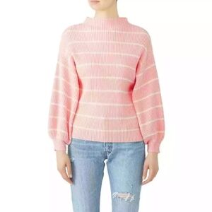 Saylor Reformation Pink White Stripped Ribbed Knit Wool Crewneck Balloon Sleeve